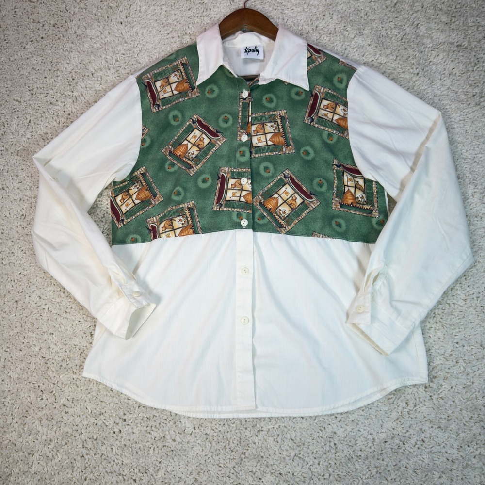 Vintage Tapestry Shirt Womens M Green Cat Print Grandmacore 90s USA Cottagecore